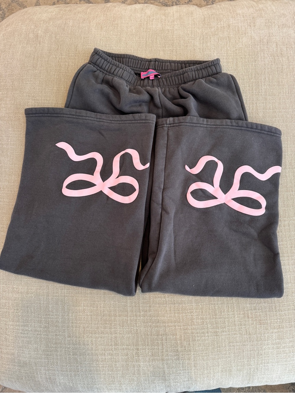Edikted Gray Sweatpants with Pink Ribbons